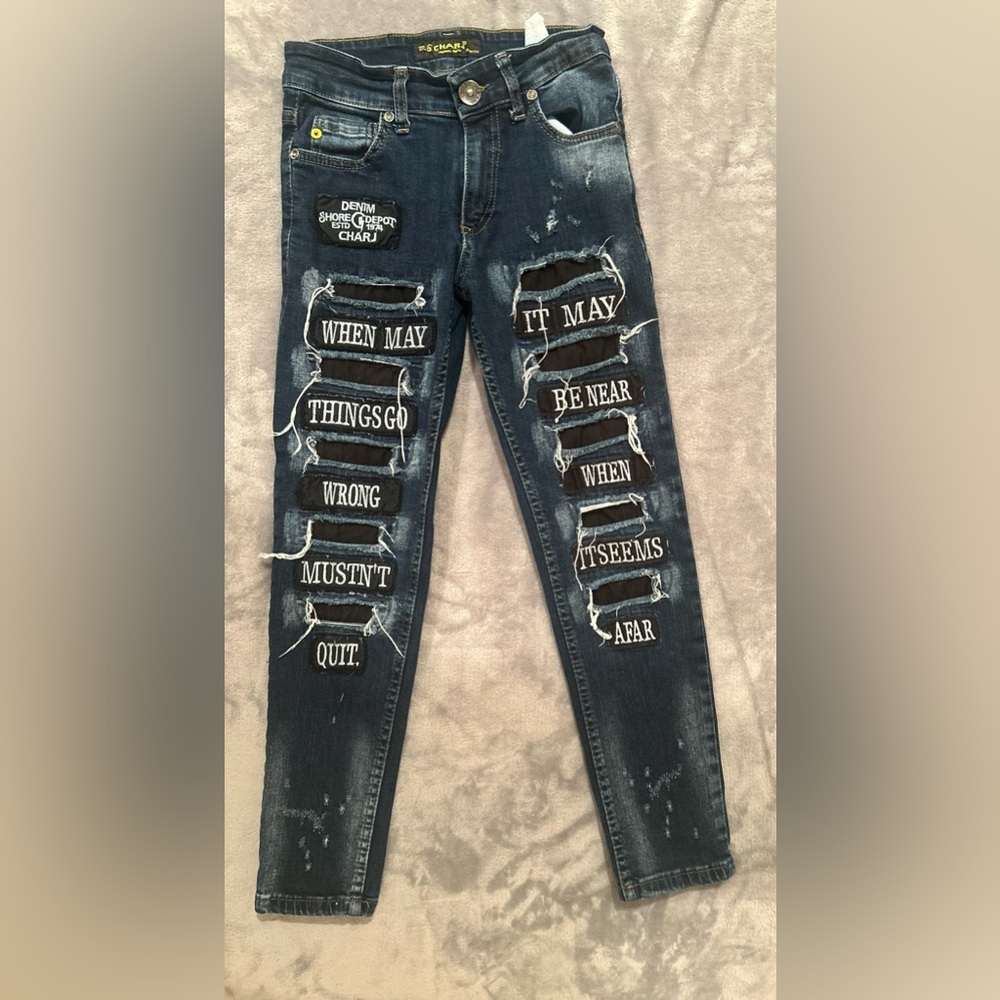 Charj Jeans Girls Youth 11/12 Blue Slim Fit Distressed Patches Denim/ Retail $60